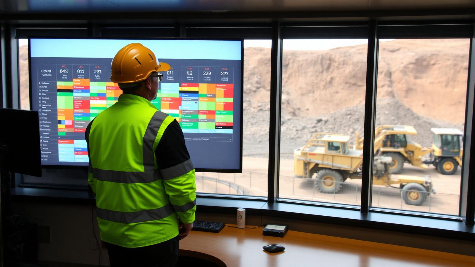 A mine planner in high-visibility workwear reviewing a colour-coded crew and equipment schedule on a large screen in a site office overlooking an Australian open pit
