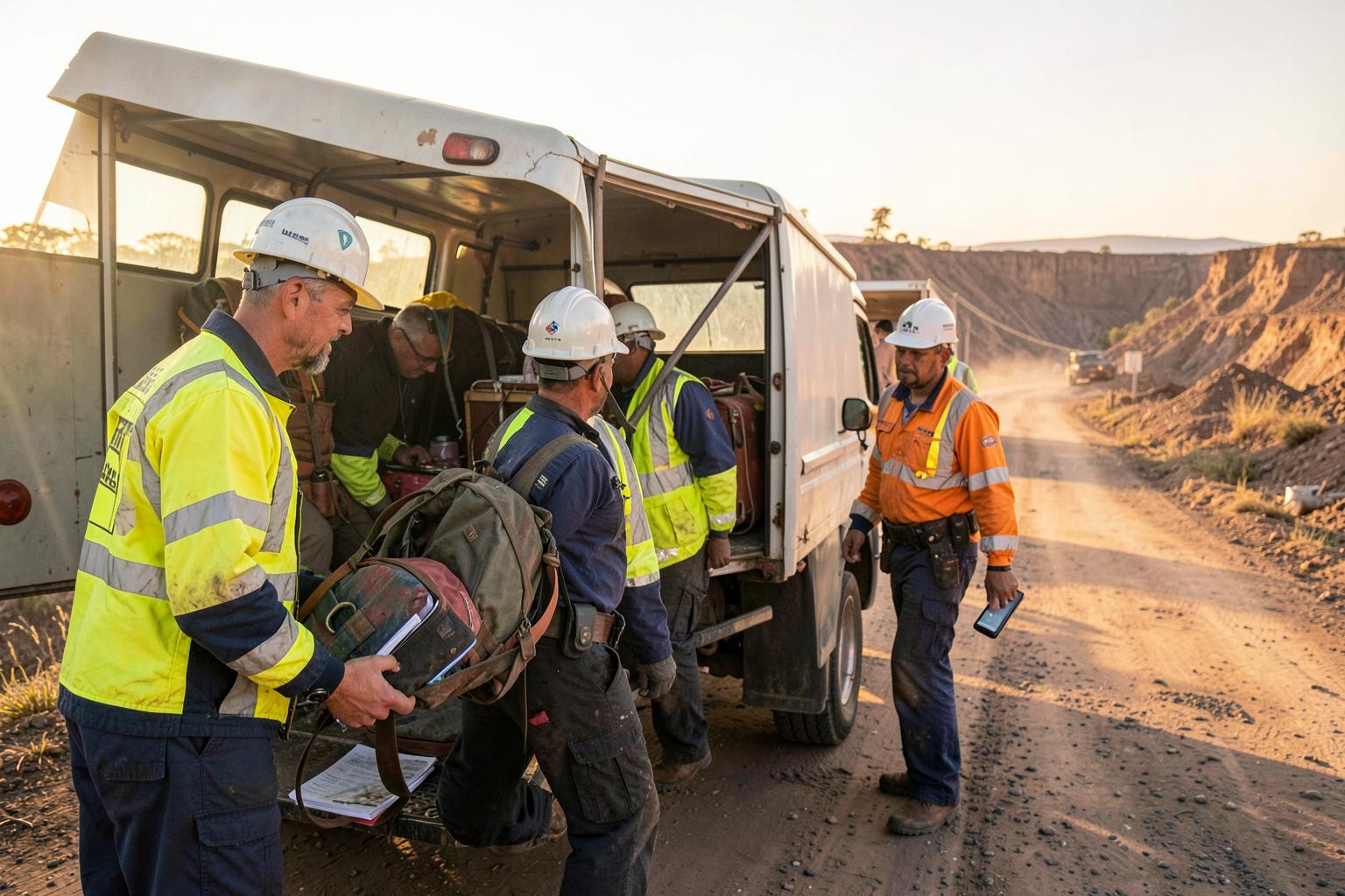 Australian mining contractors in hi-vis loading gear into a light vehicle at dawn while mobilising to a mine site