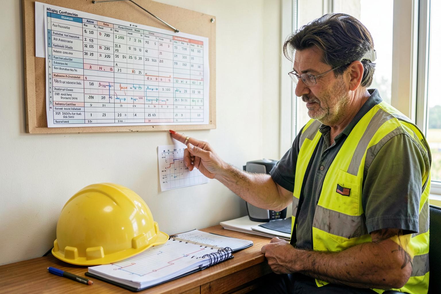 A mining contractor supervisor in hi-vis planning a mobilisation schedule against a wall planner and crew roster