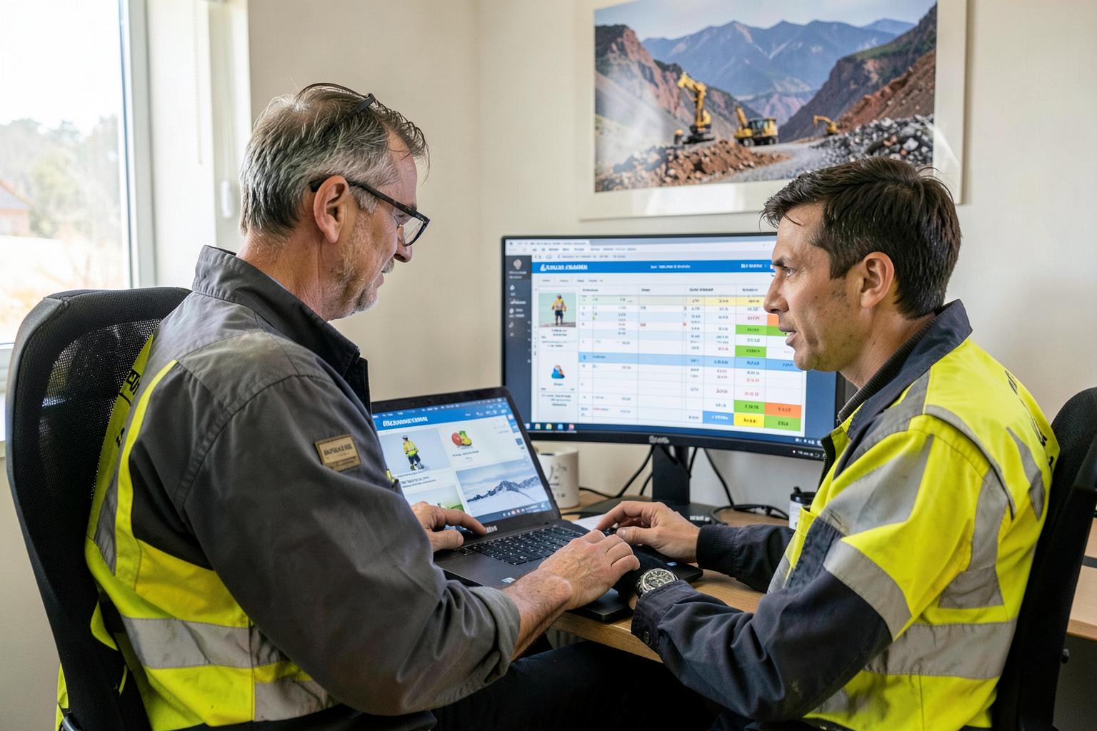 Mining contractor coordinators reviewing worker compliance records and a crew schedule on screen in an Australian office