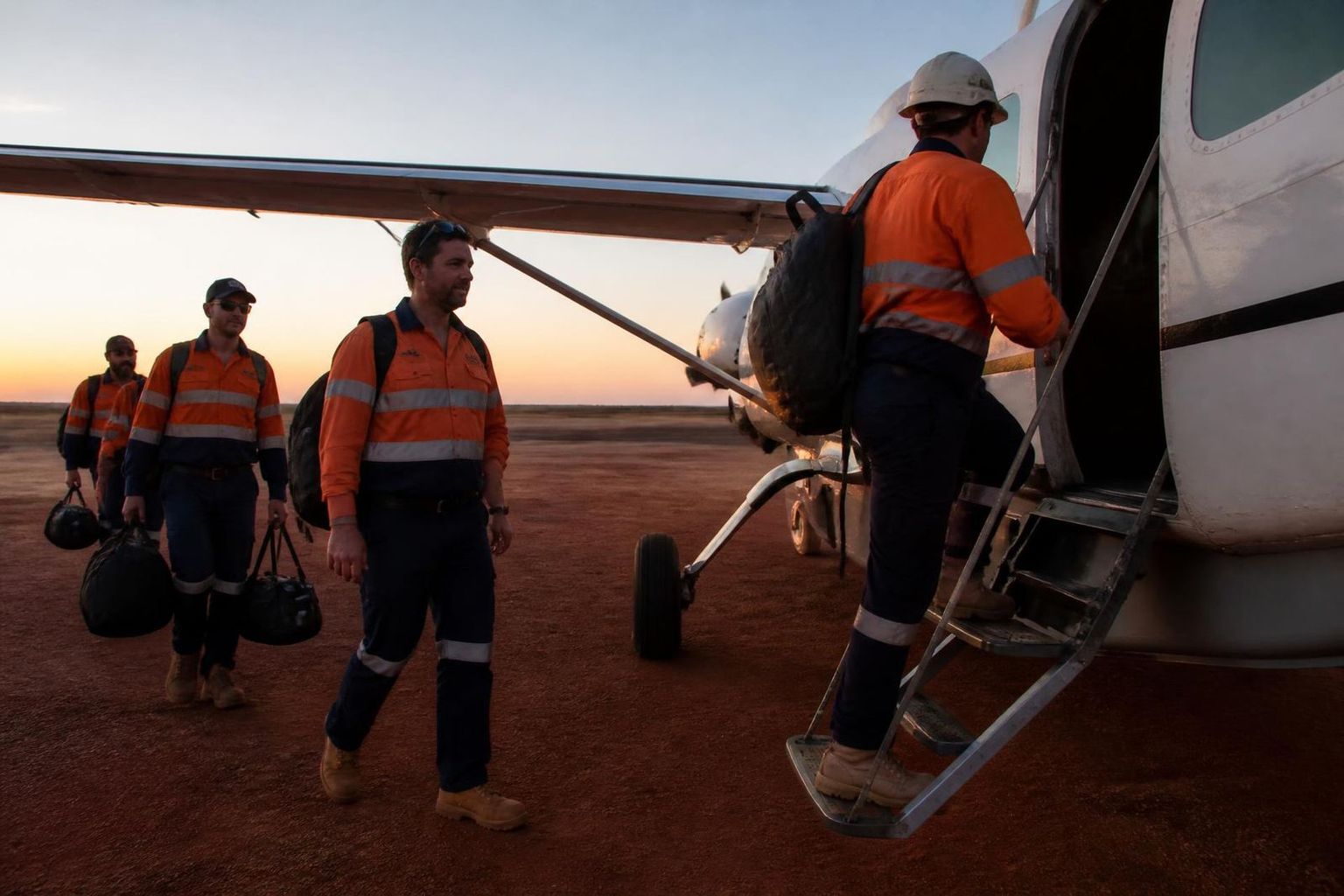 Australian FIFO mining crew in high-vis boarding a charter flight at dawn on a remote red dirt airstrip at the start of a swing roster
