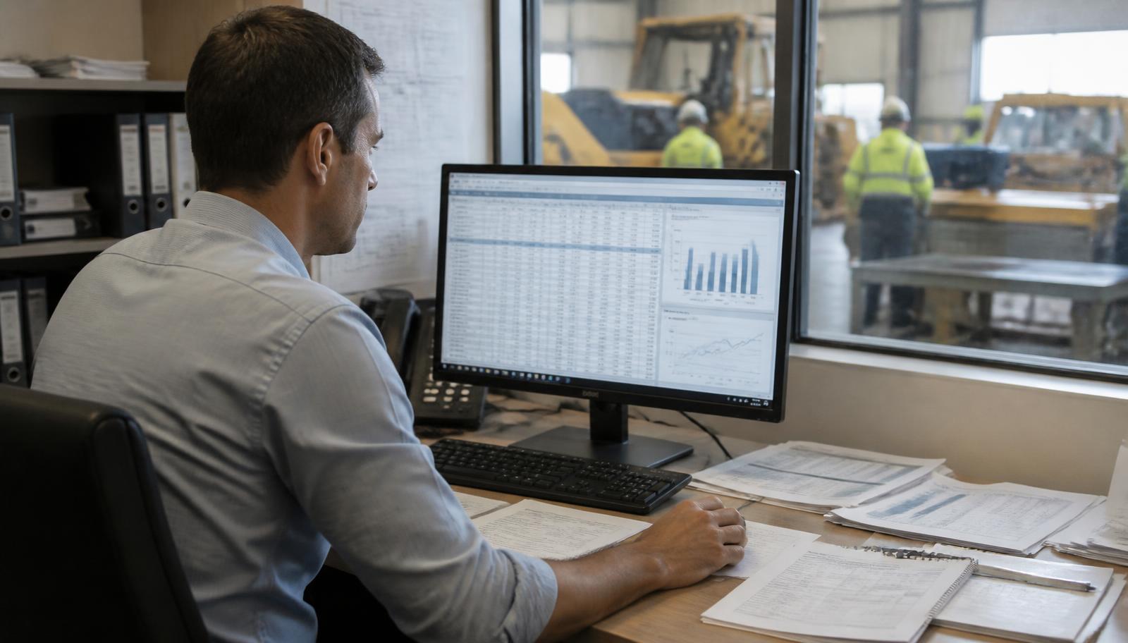 Commercial manager at an Australian engineering contractor reviewing ERP reports on screen with the workshop visible through the office window