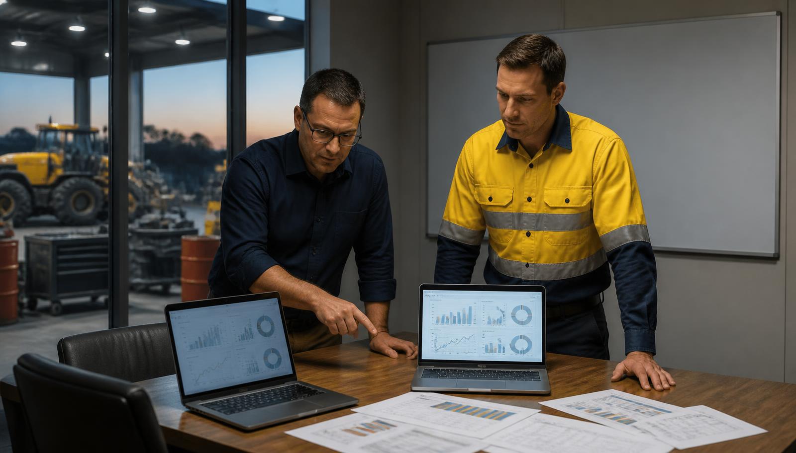 Systems manager and operations manager at an Australian engineering contractor comparing ERP dashboards on two laptops with the maintenance workshop visible behind them