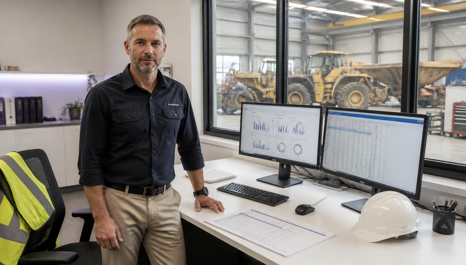 Operations manager at an Australian engineering contractor reviewing ERP dashboards in the office with the maintenance workshop visible through the window