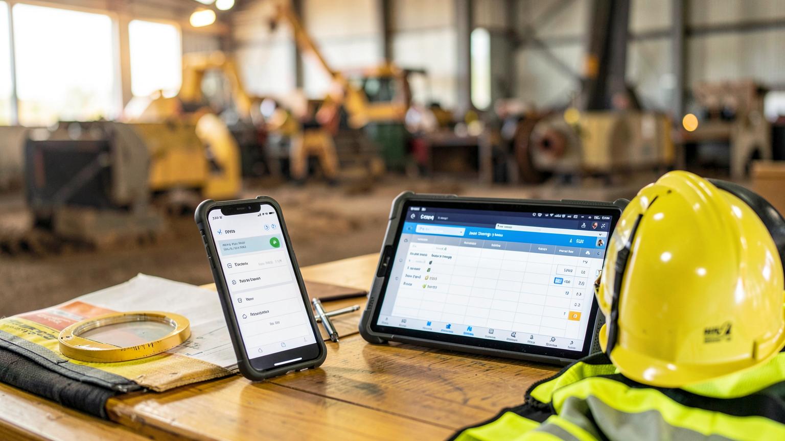 A phone showing a simple employee clock-on screen beside a rugged tablet showing a job costing dashboard on a heavy industry site office desk