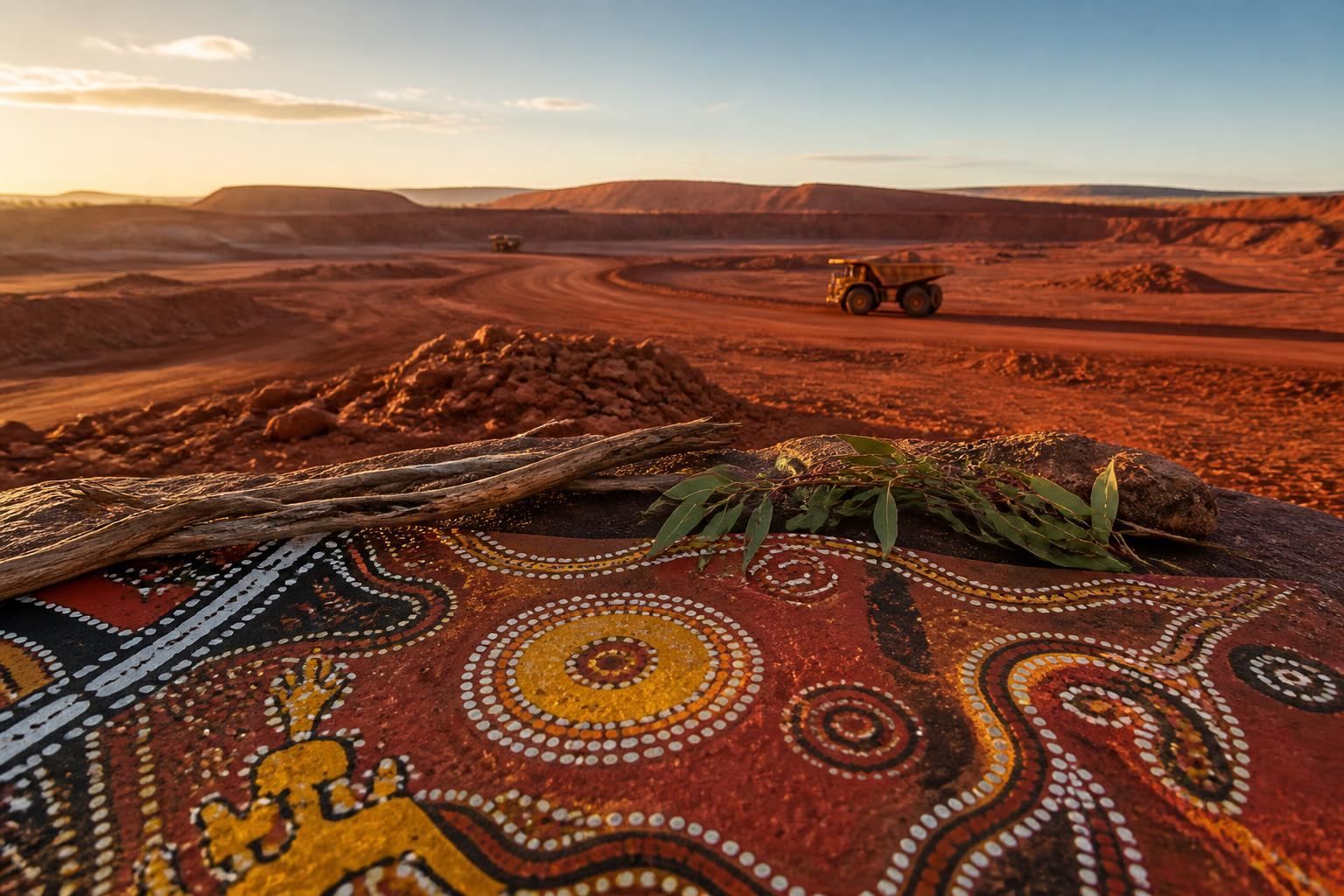 Aboriginal dot-painting artwork on red Pilbara earth with a mining haul truck in the distance at sunrise, symbolising NAIDOC Week on Country