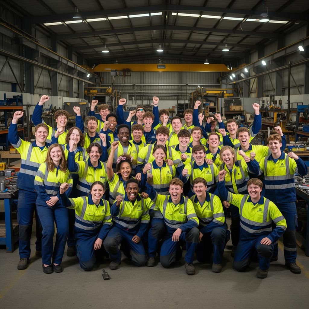 Australian trade apprentices celebrating together in workshop