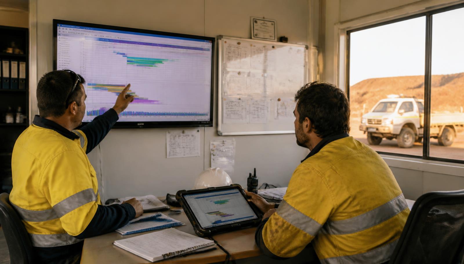 Two hi-vis mining contractors reviewing a job schedule on a large screen and a rugged tablet in a Western Australian site office