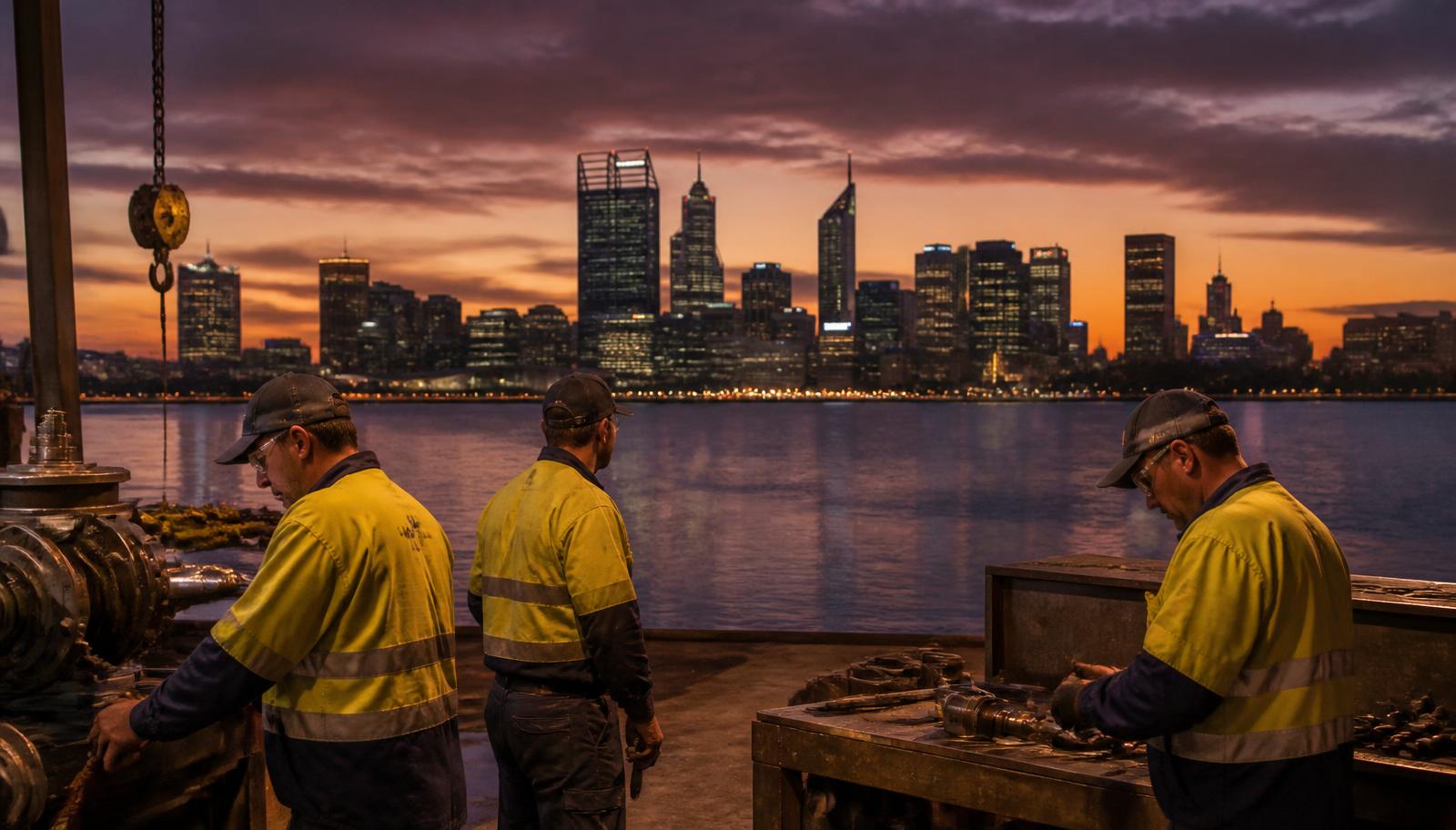 Tradespeople in hi-vis working in a fabrication workshop with the Perth city skyline across the Swan River at dusk