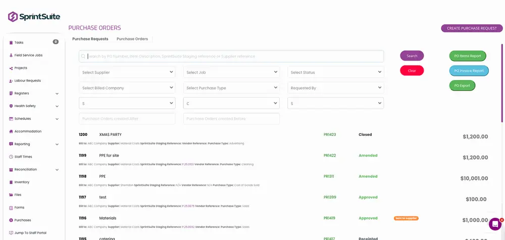 SprintSuite procurement dashboard showing job-linked purchase orders and supplier spend