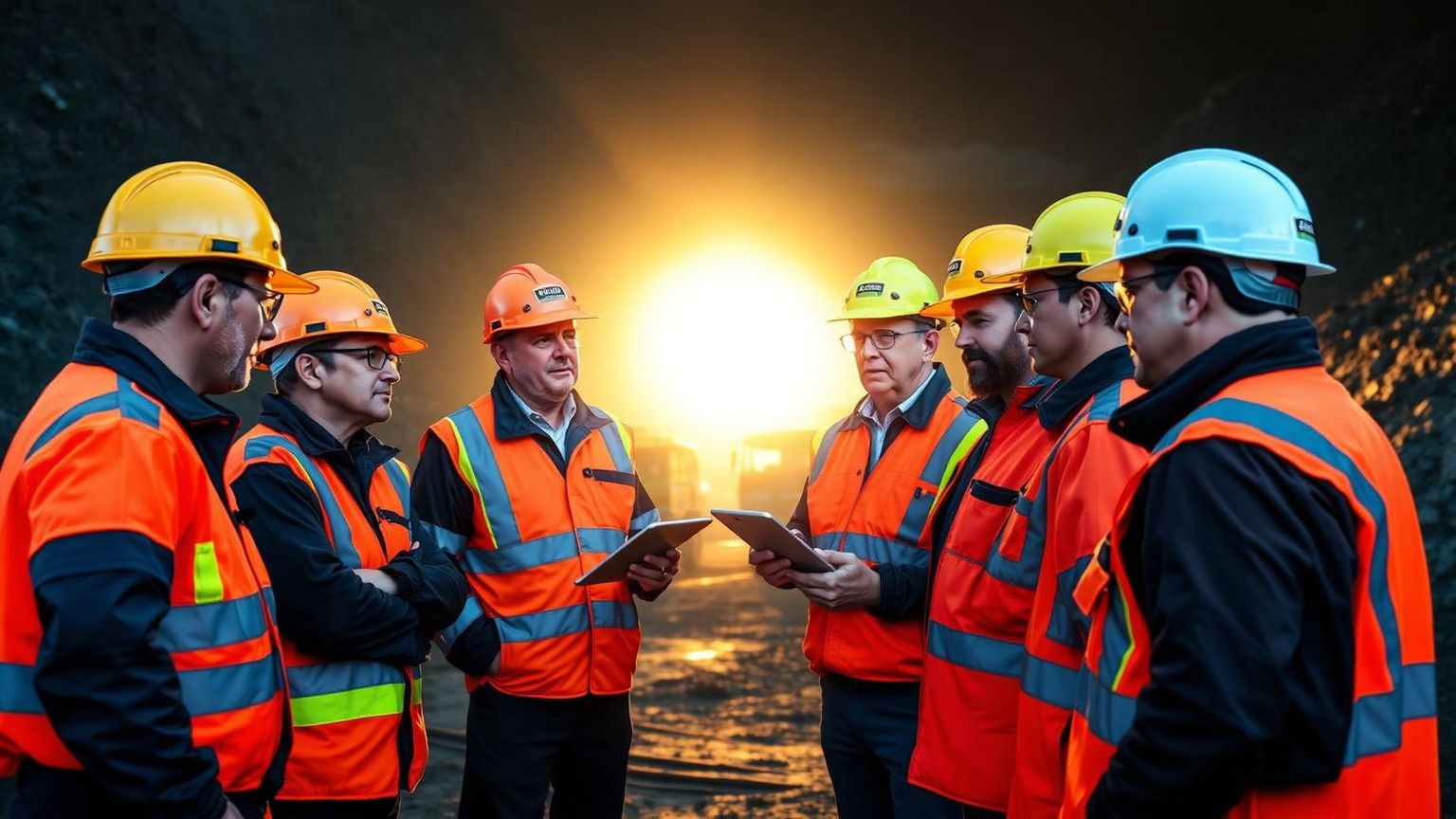 Pre-start safety briefing with mine workers in high-vis and hard hats at a Queensland open-cut coal mine at sunrise