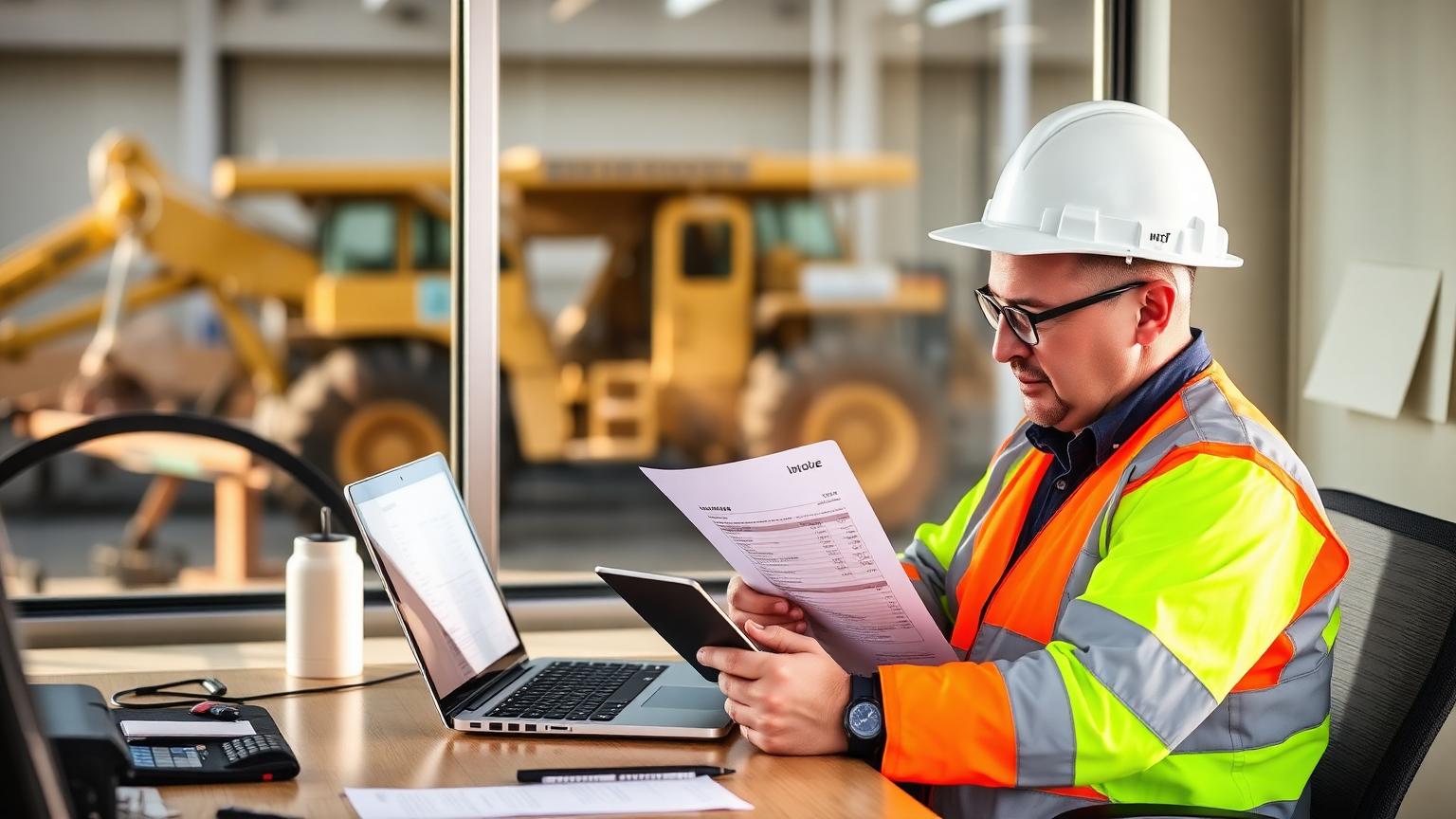 Australian heavy industry contractor reviewing a quote and an invoice at a site office desk