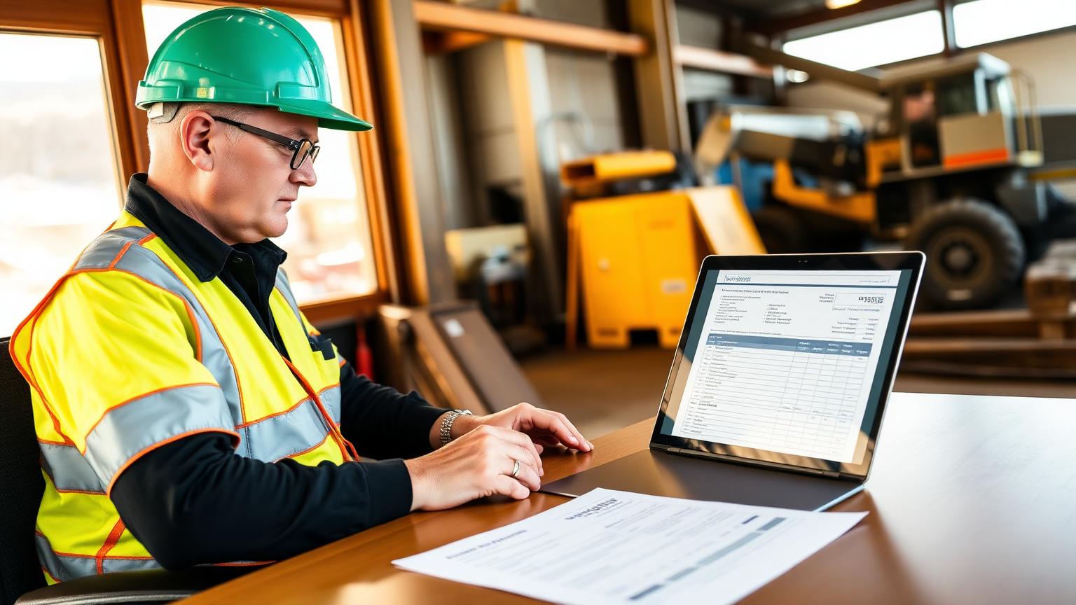 Australian contractor supervisor reviewing a job quote, timesheet and invoice at a site office desk