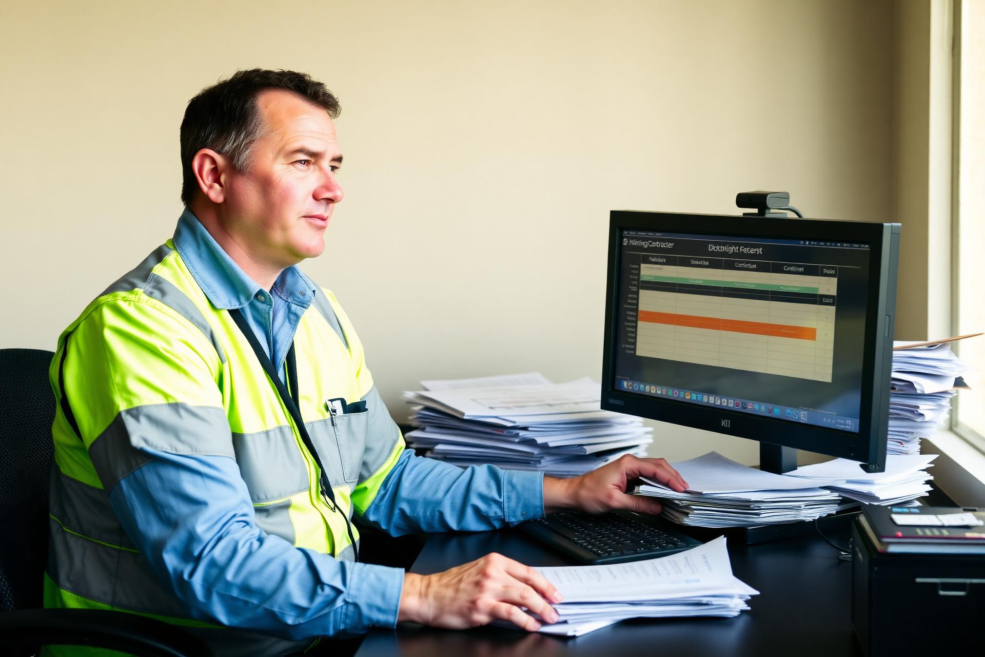 Australian mining contractor administrator reviewing timesheets and paperwork in a site office