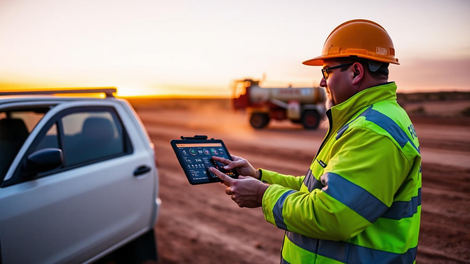 A supervisor in high-visibility workwear reviewing crew and job information on a rugged tablet beside a service ute at a remote Australian worksite at sunset