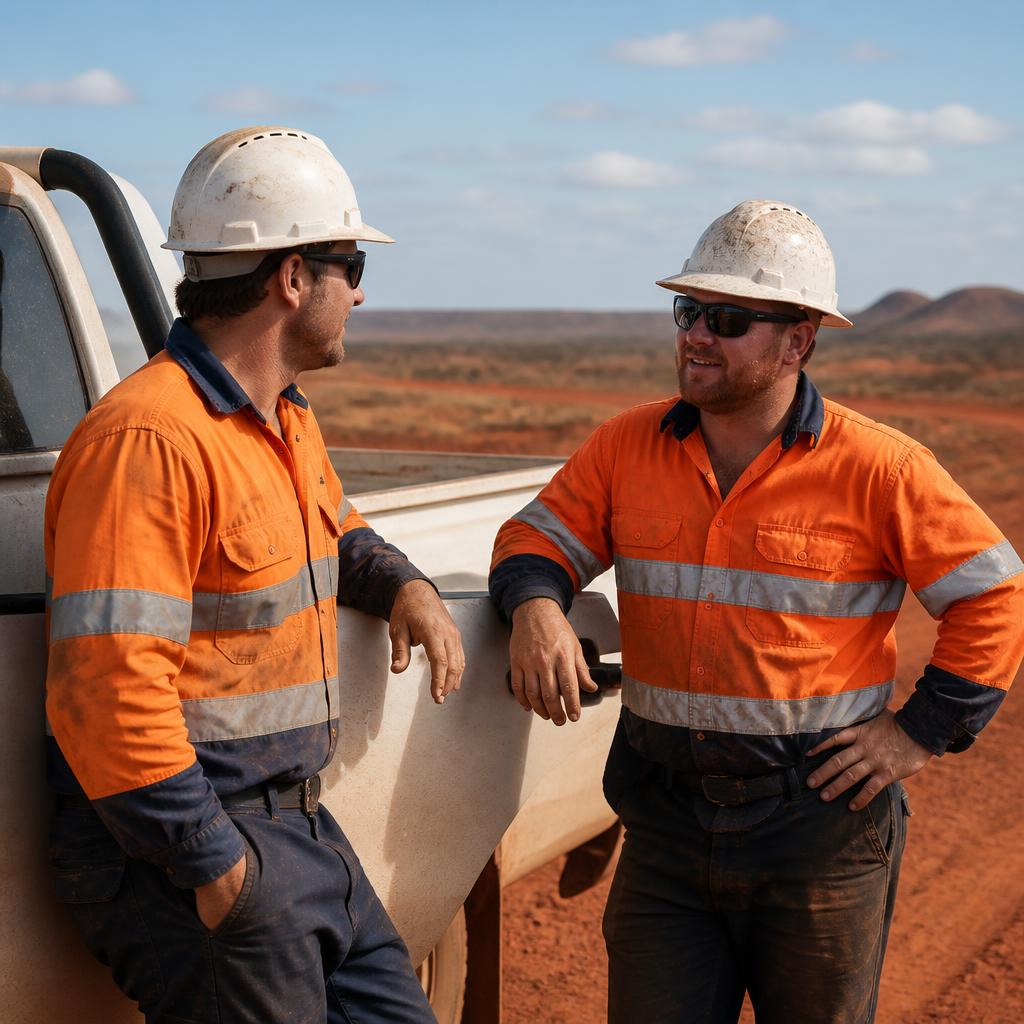 Two mining contractors in hi-vis discussing work beside a ute on a Pilbara mine road