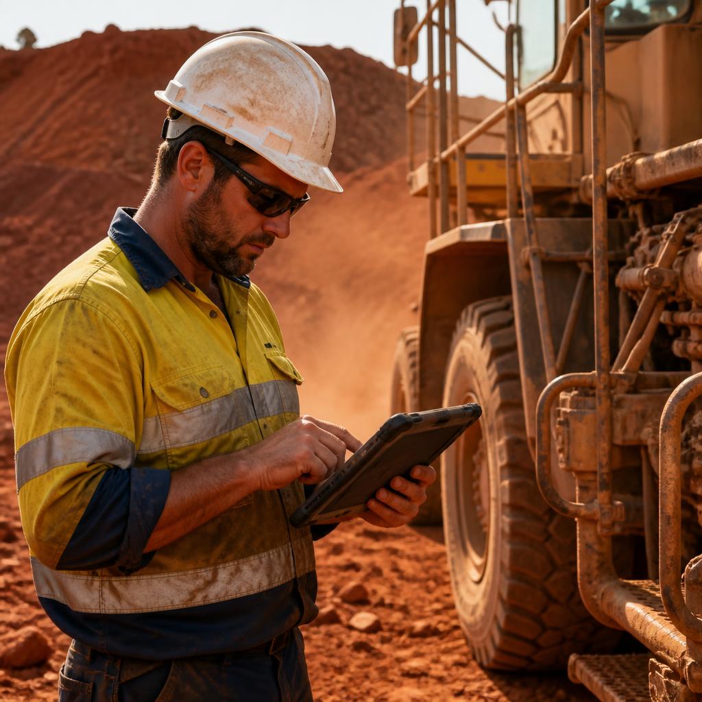 Maintenance technician using a rugged tablet beside heavy equipment at a Pilbara mine site