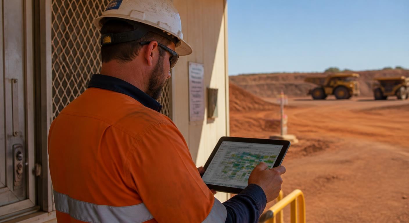 Mining supervisor using employee rostering software on a tablet to check a FIFO swing roster on site
