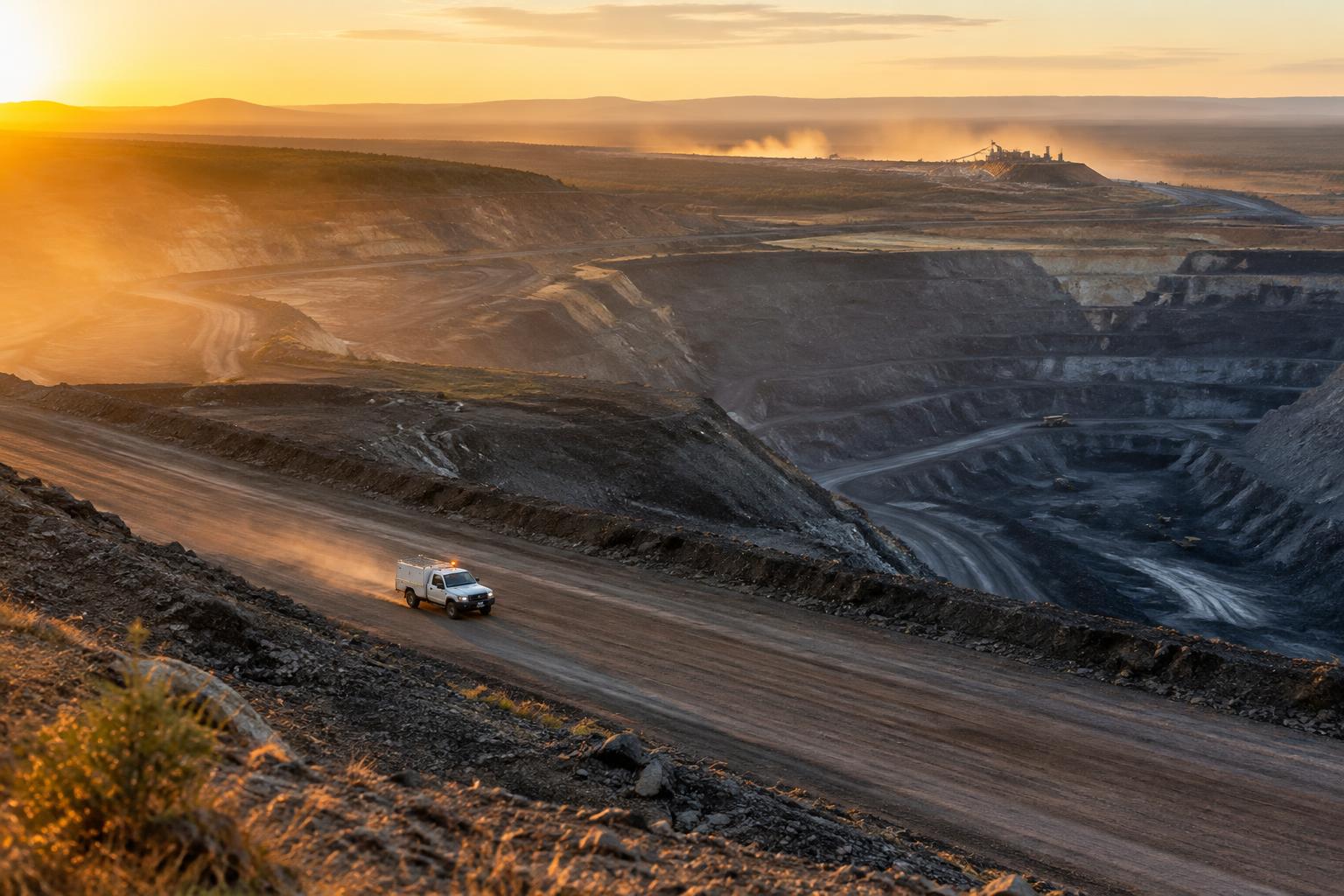 Maintenance service truck driving a haul road between pits at an Australian open-cut mine at sunrise