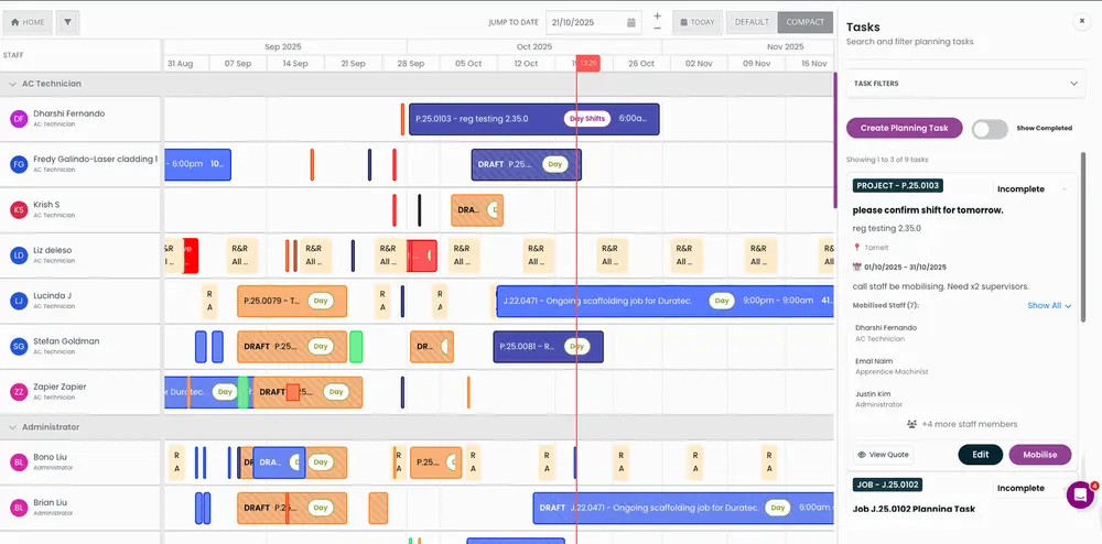 SprintSuite scheduler showing crews, equipment and jobs allocated across a working week