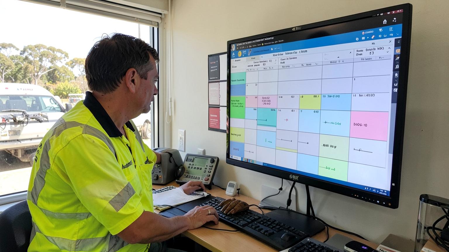 Field service dispatcher in a high-vis shirt reviewing a weekly service scheduling board on a large screen