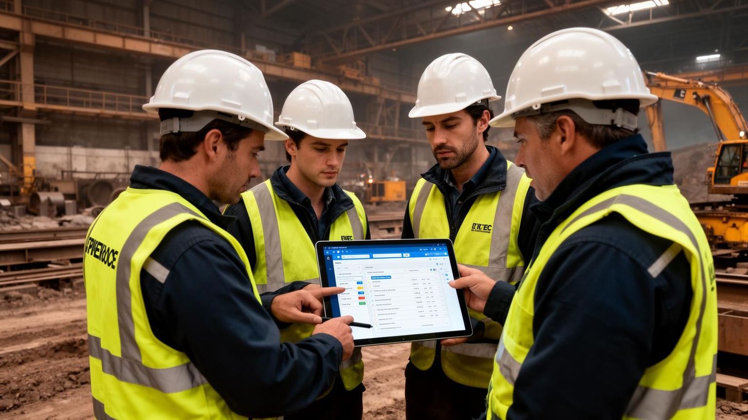 Mining and heavy industry contractor team using job management software on a tablet