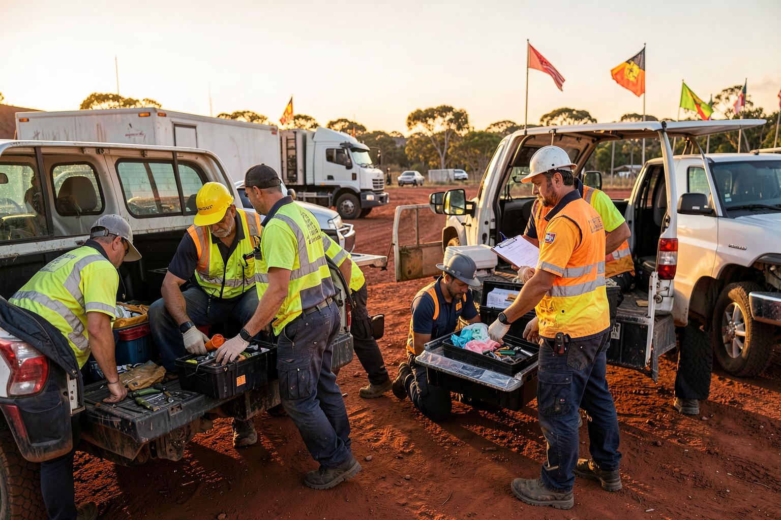 A mining contractor supervisor with a clipboard checking tools and PPE as a crew loads utes before mobilisation