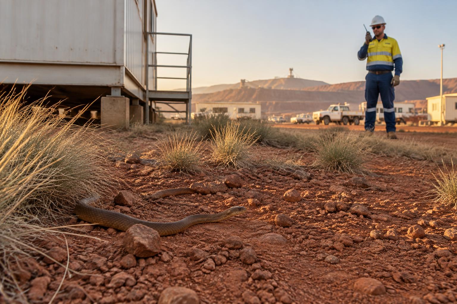 Snake on red dirt near a demountable building on a remote WA mine site, with a worker keeping well back