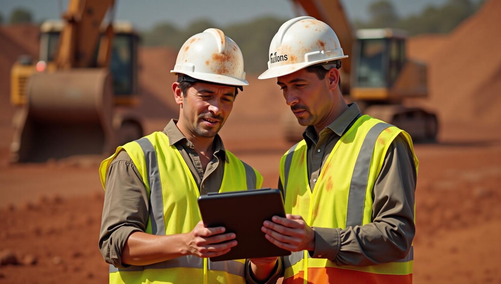 Mining field workers reviewing digital timesheet on tablet at remote site