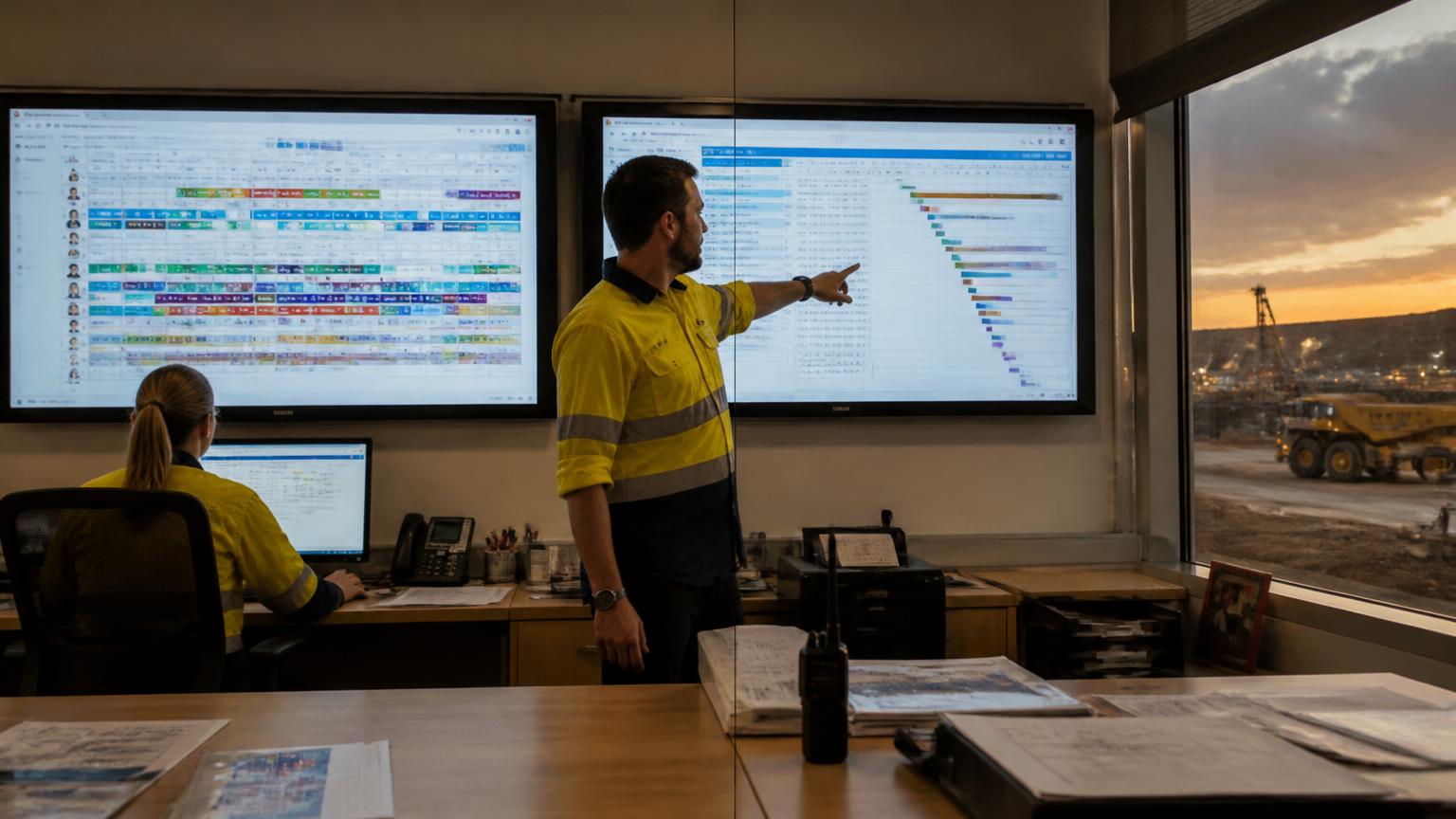 Operations supervisor comparing a crew roster board and a job planning board on wall screens in a mine site office