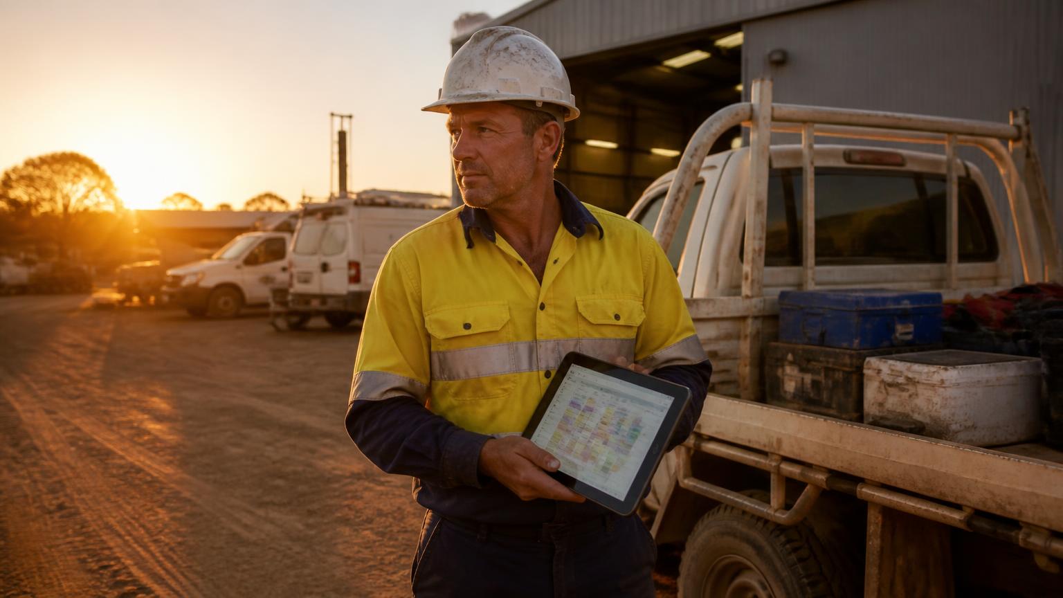 Field service supervisor in high-visibility workwear reviewing a crew roster on a tablet beside a work ute