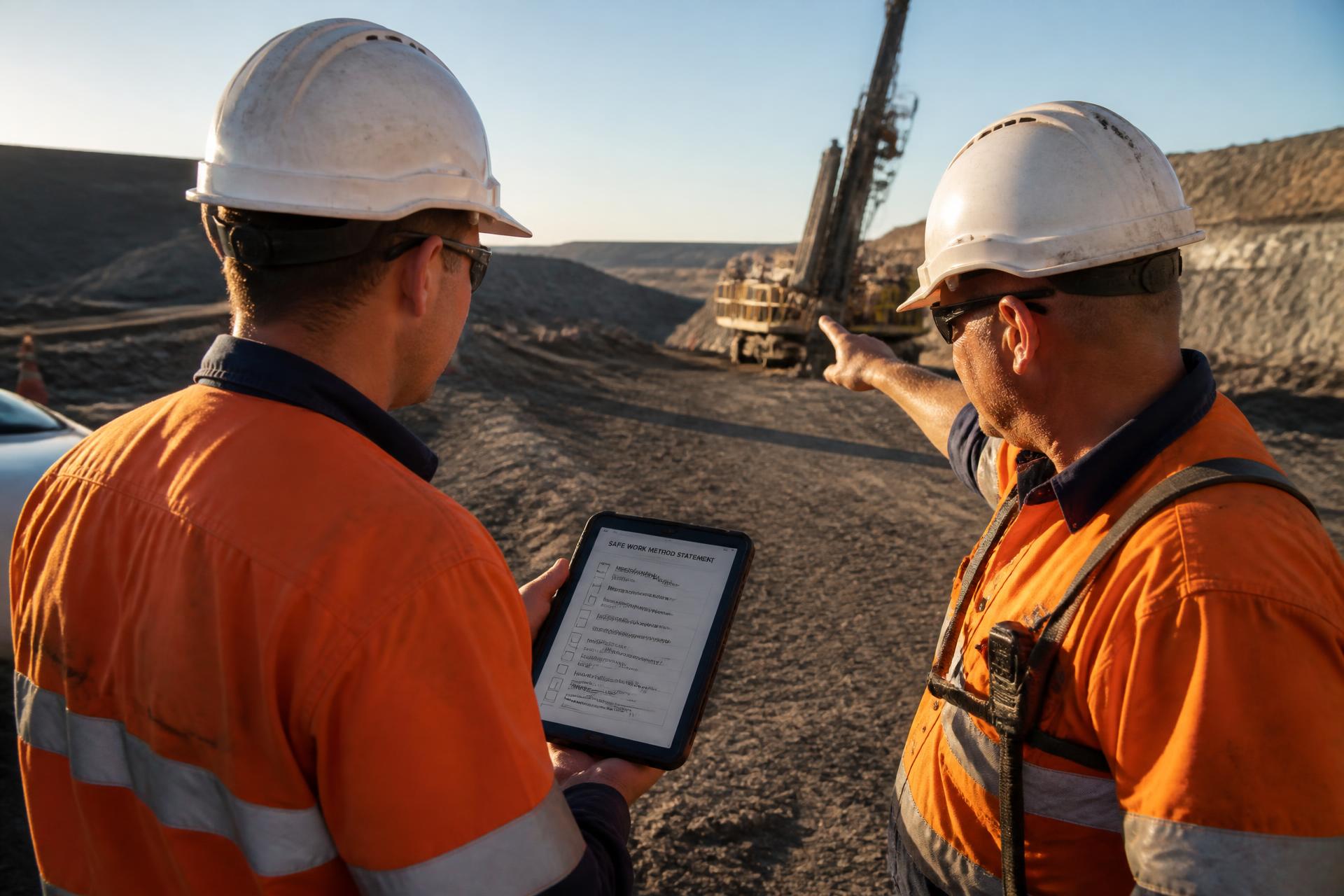 Two mining contractors in hi-vis reviewing a safe work method statement on a tablet at a mine site