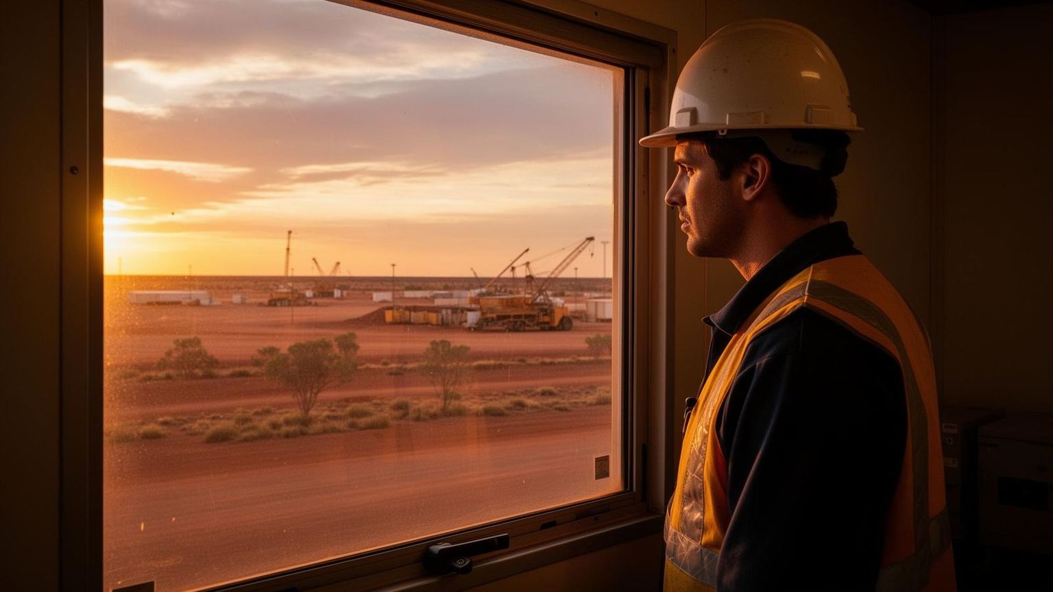 FIFO worker looking out window at remote mining camp during sunset