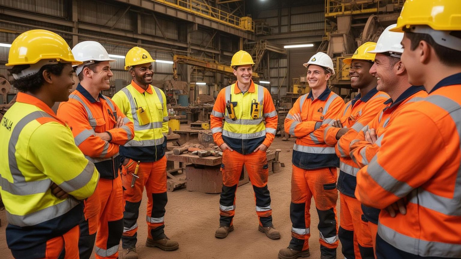 Diverse team of mining workers gathered for toolbox meeting showing camaraderie