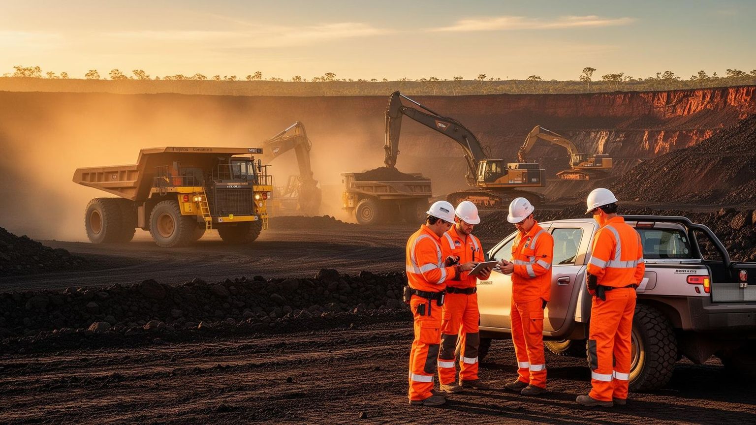 Australian Tier 1 mine site with contractors reviewing compliance on a tablet
