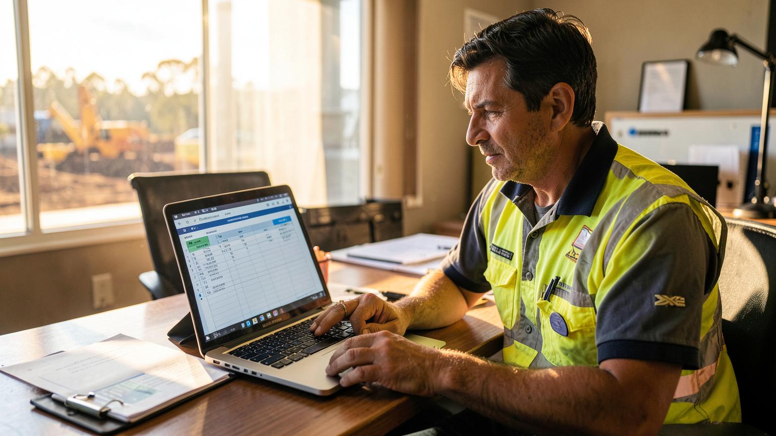 Site supervisor in high-vis reviewing weekly crew timesheet approvals on a laptop in a site office