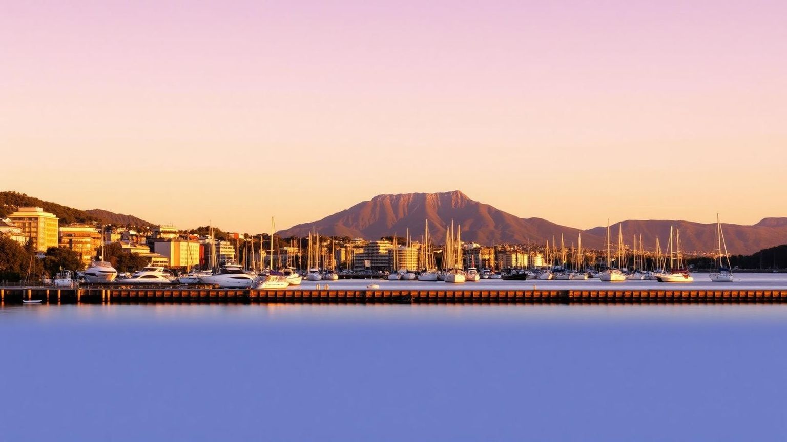 Hobart waterfront at golden hour with kunanyi/Mount Wellington behind — the setting for the 2026 TMEC Annual Conference