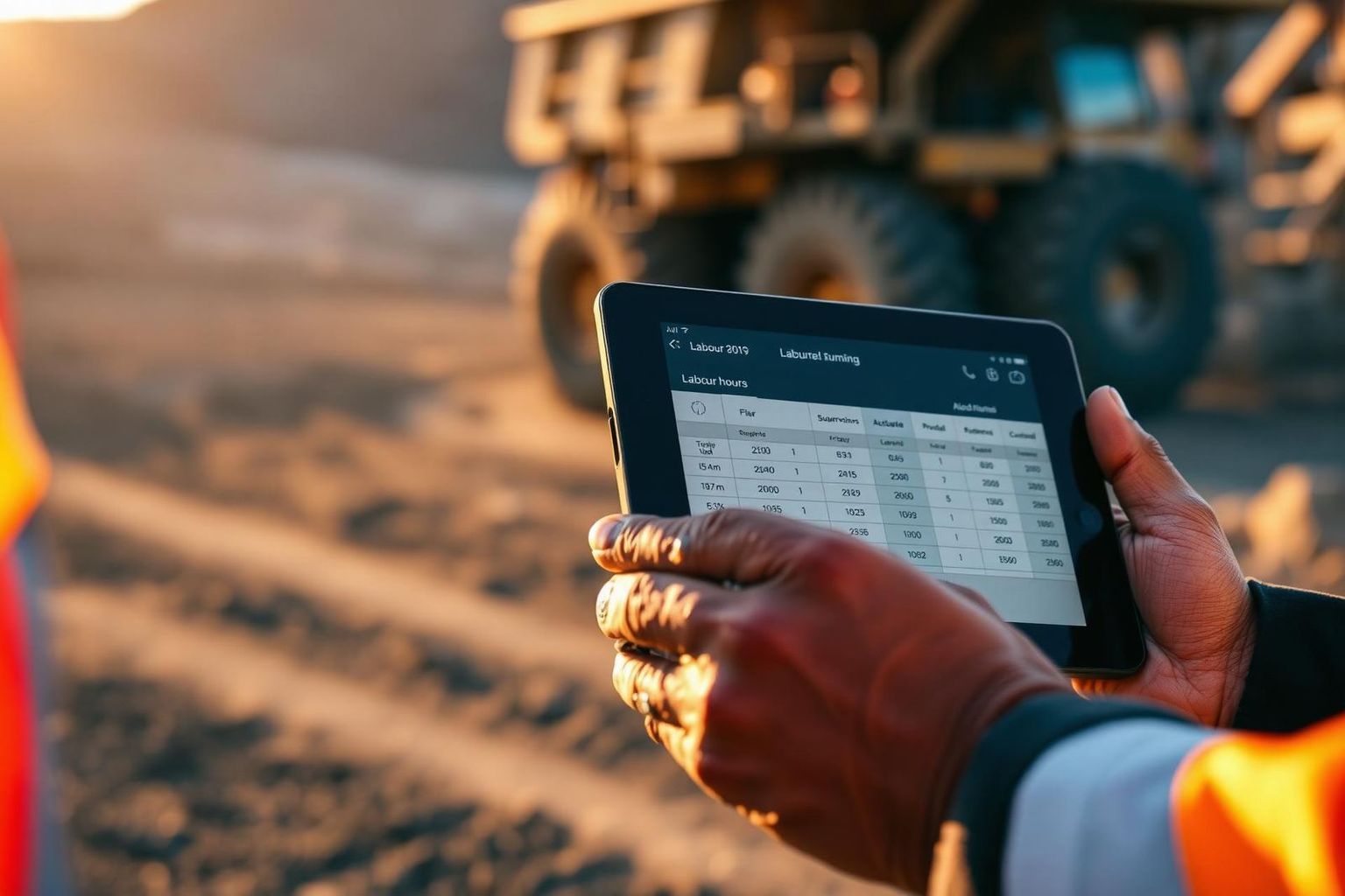 Mining supervisor reviewing billable labour hours on a tablet at an Australian open-cut mine site