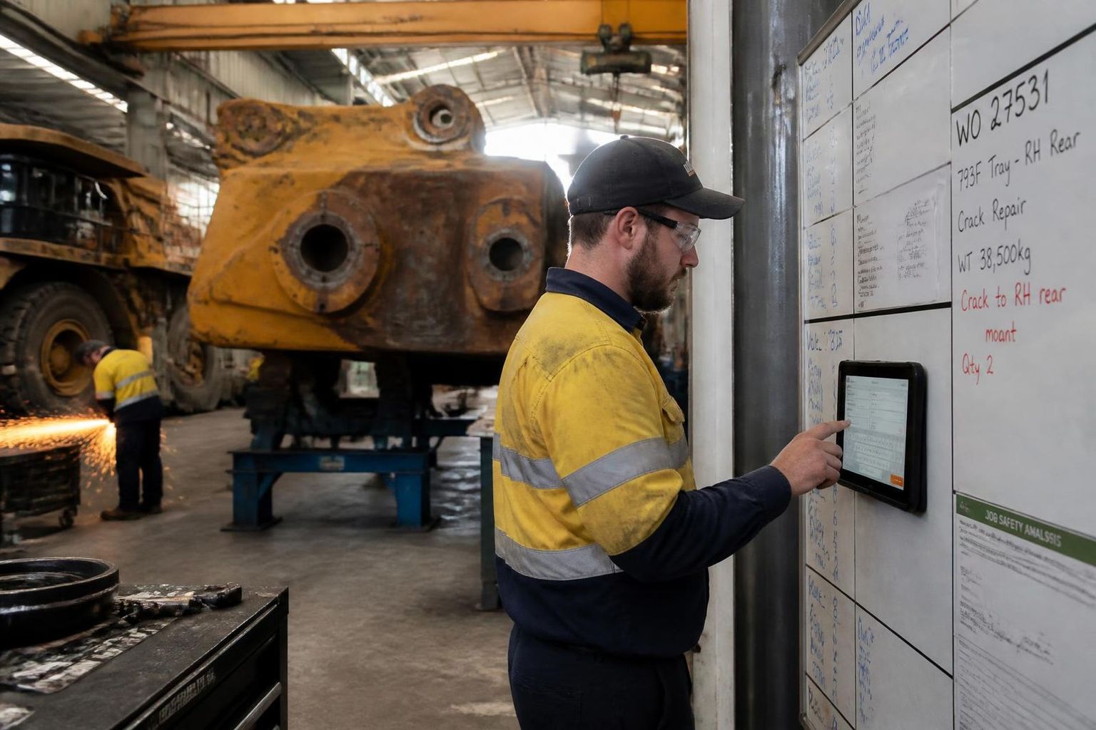 Boilermaker in hi-vis logging workshop hours against a work order on a wall-mounted tablet beside a job board in an Australian heavy equipment workshop
