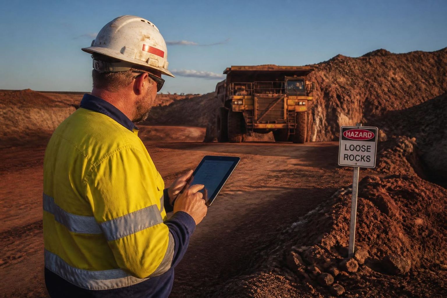 Mining worker in high-vis using a tablet to log a hazard report next to a haul truck on an Australian open-cut mine site