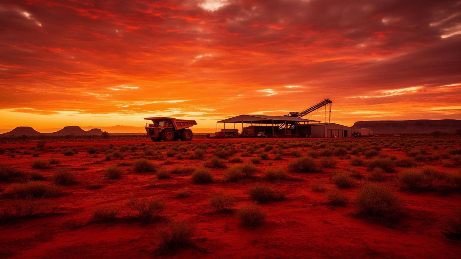 Western Australia outback at sunset with heavy mining equipment silhouetted
