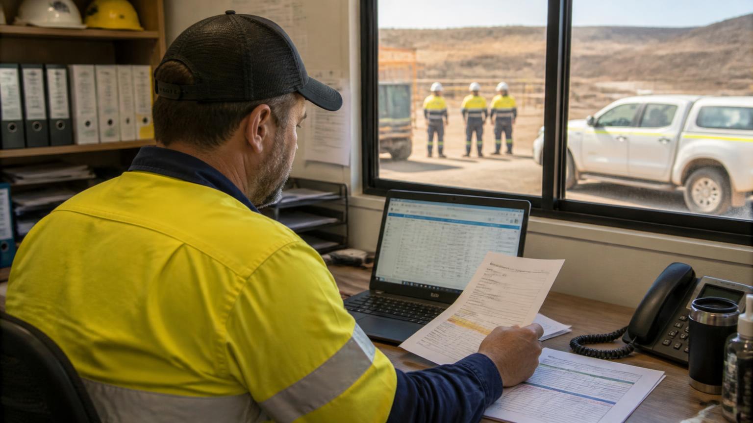 Site administrator in high-vis reviewing contractor induction and licence paperwork at a mine site office desk