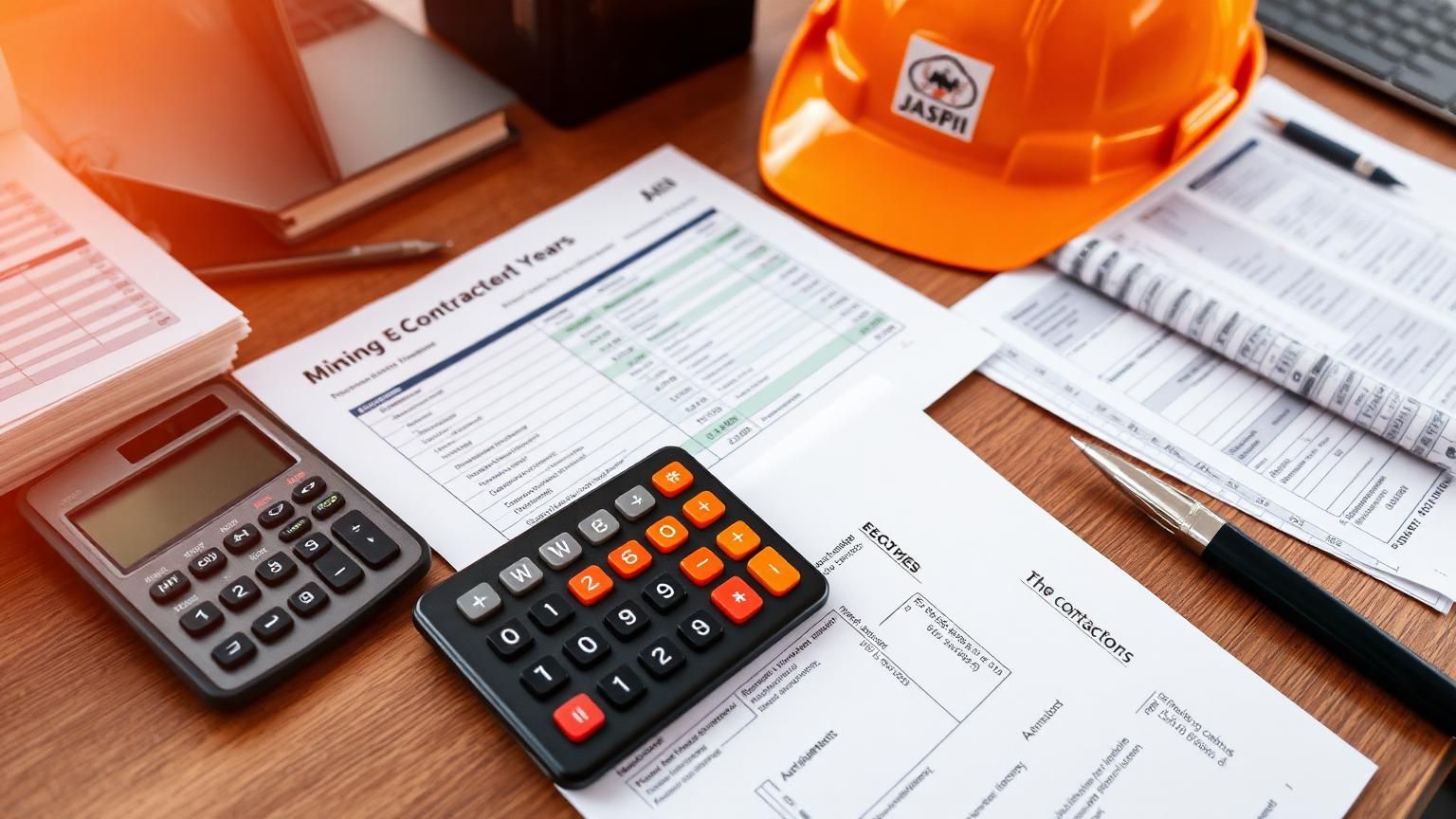 Contractor reviewing invoices, calculator and reports at EOFY