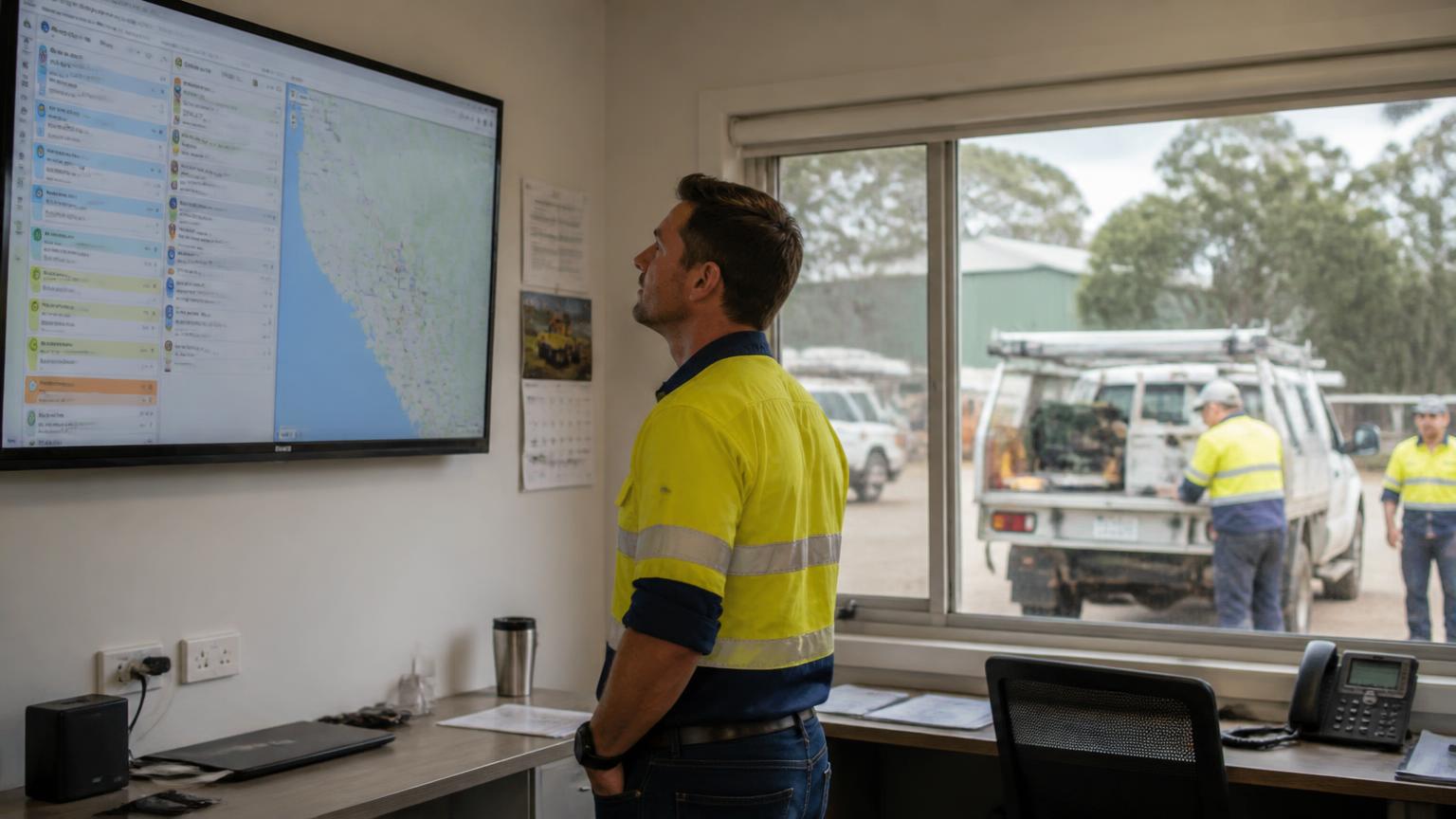 Field service coordinator in a high-vis shirt reviewing a job dispatch board and map while service crews load a ute outside