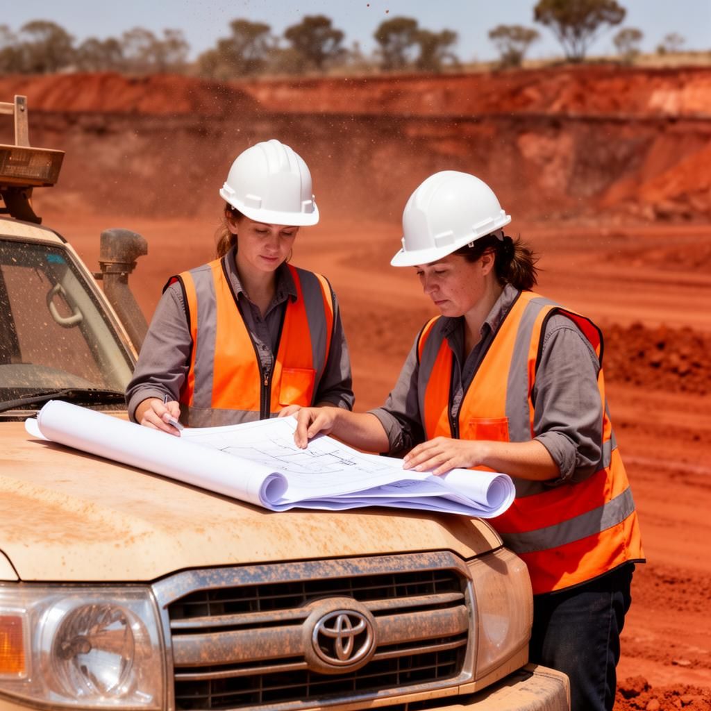 Two women mining engineers reviewing blueprints at an Australian mining site