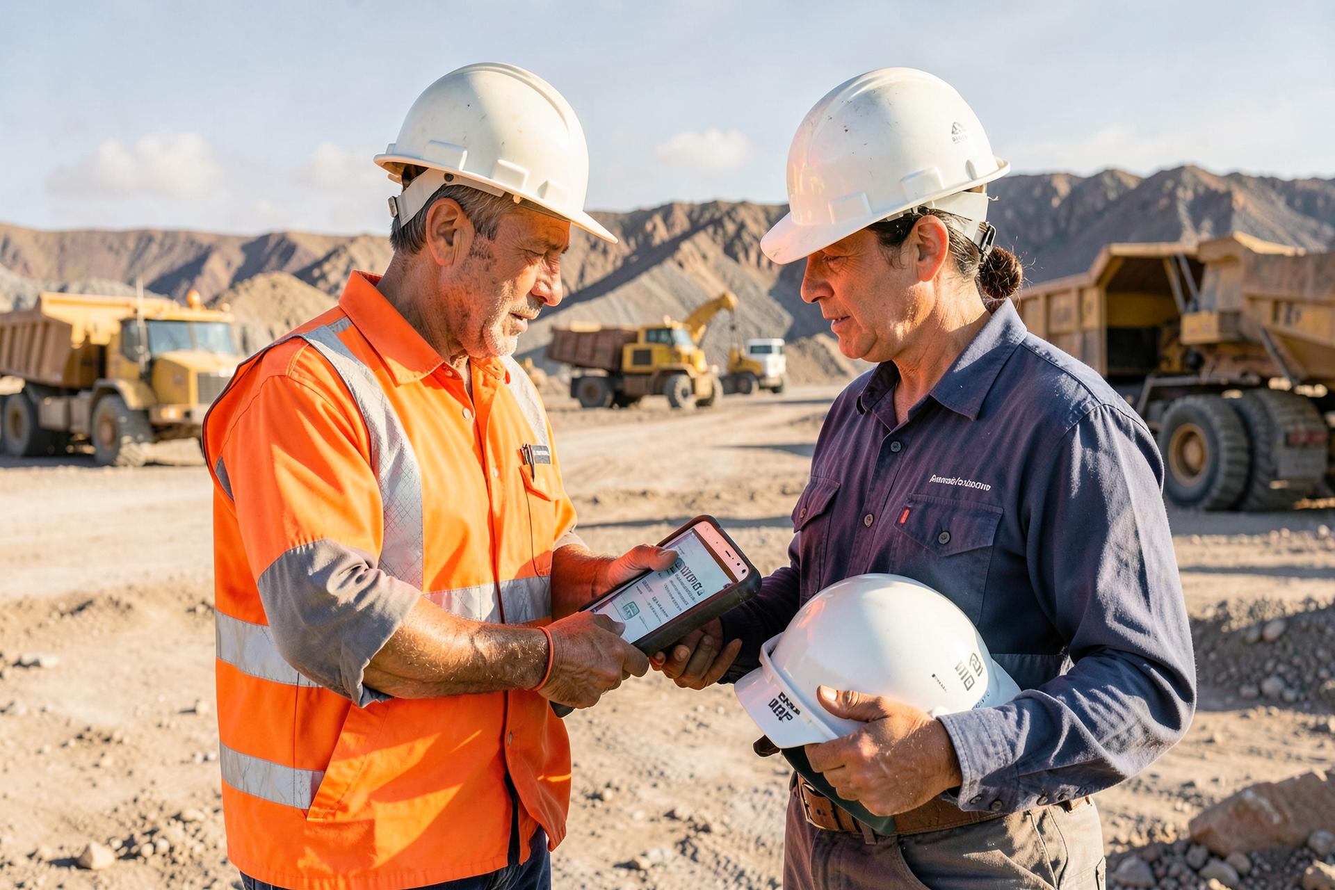 A mine site supervisor in hi-vis checking a worker's site compliance credentials on a rugged tablet