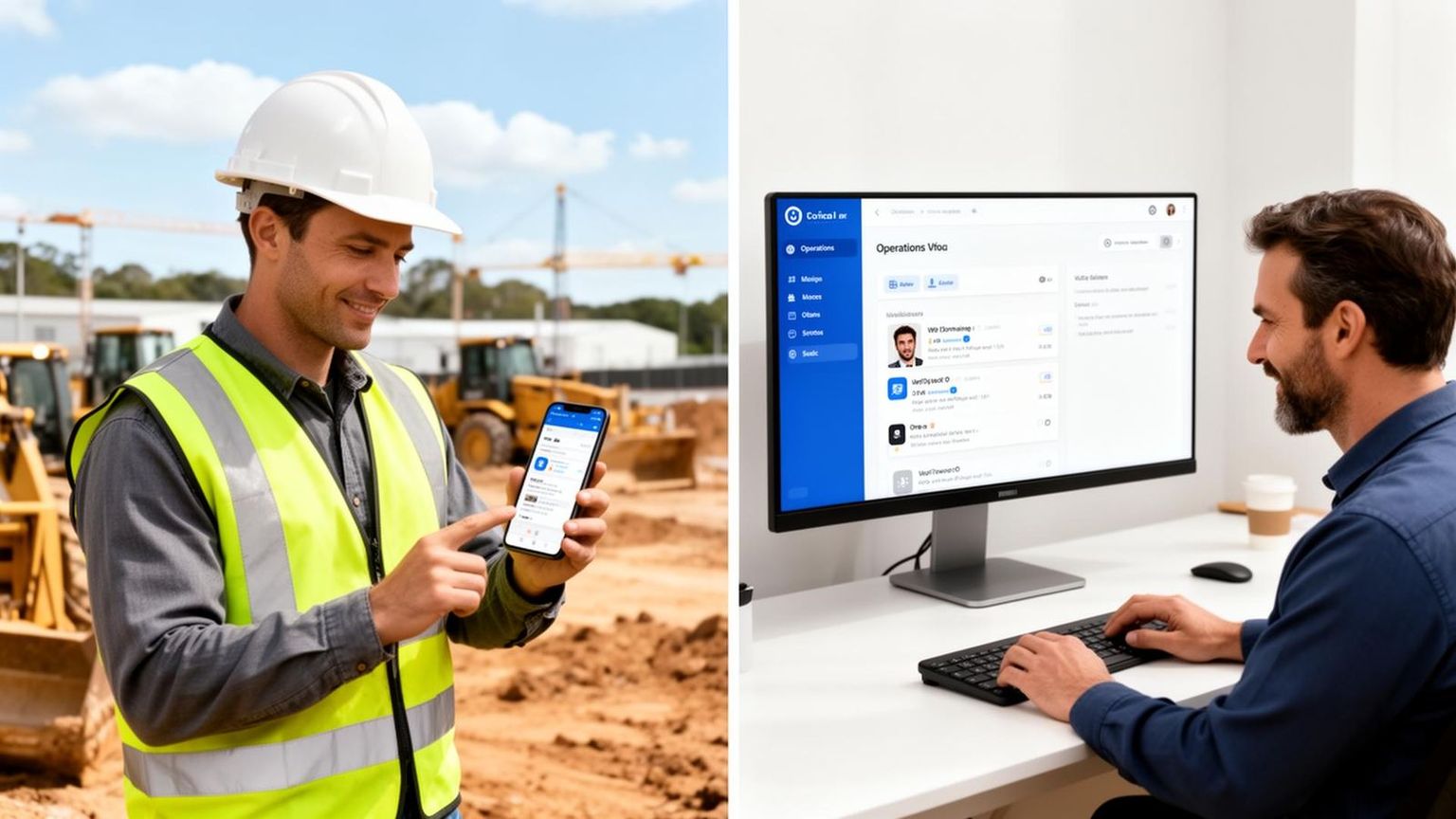 Field worker sending a mobile update while an operations manager sees it instantly on a dashboard