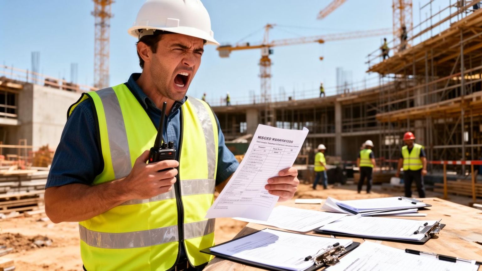 Frustrated supervisor on a construction site juggling paper job sheets and a two-way radio