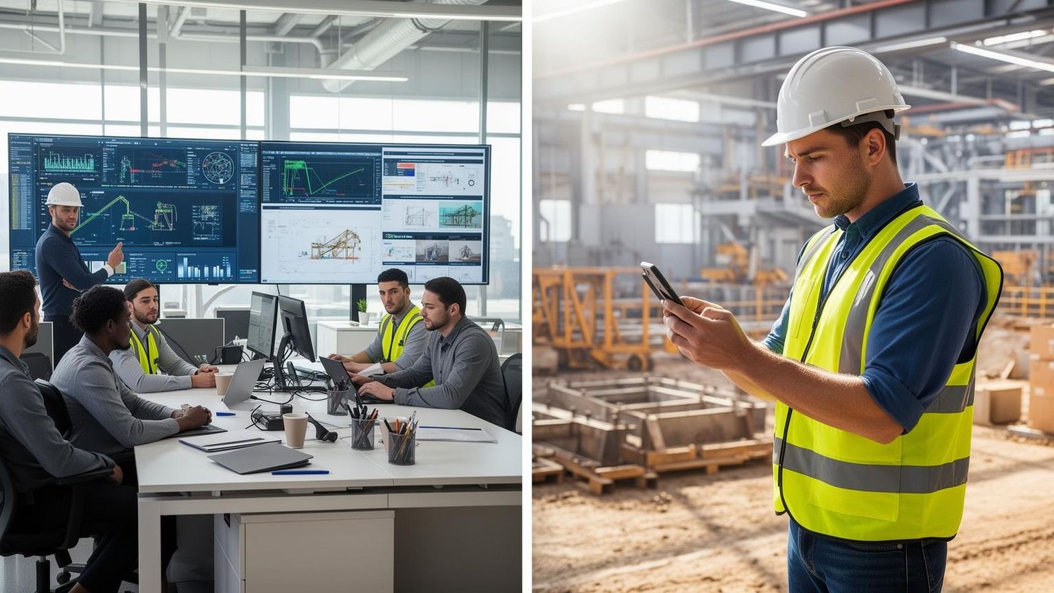 Operations team in a modern office reviewing real-time updates while a field worker in a hi-vis vest sends updates from a job site
