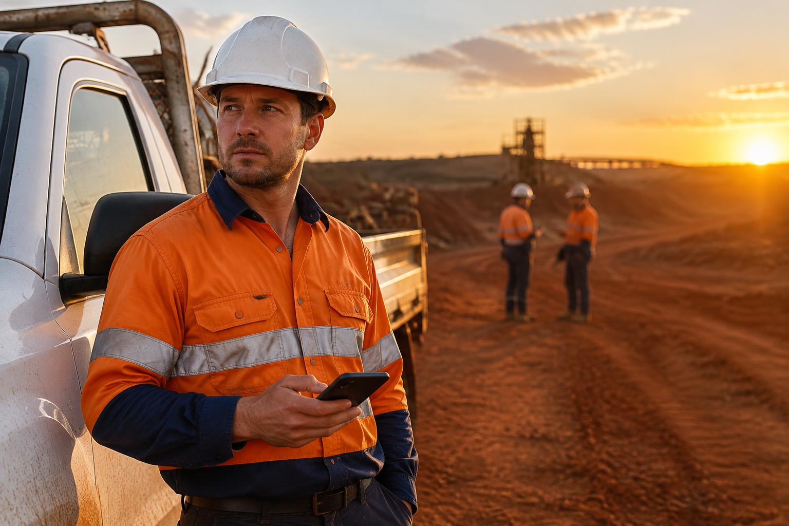 Field supervisor in hi-vis holding a phone beside a ute on a red-dirt site at sunset, with two crew members behind